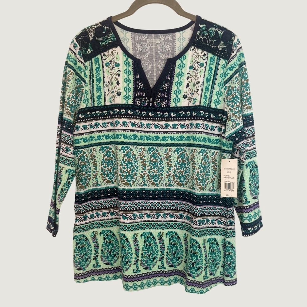 Kim Rogers Split Neck Blouse Petite PM Green Paisley Boho Lace Trim Top NWT
